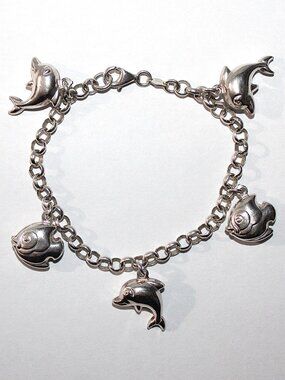 Sterling Silver Dolphin & Fish Charm Bracelet 14 grams